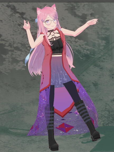 kaela! screenshot of Kaela, Emi's virtual avatar. long-pink hair cascades down her back as she seems to lose balance, her starry skirt and red-to-purple cardigan flailing in the wind with her.